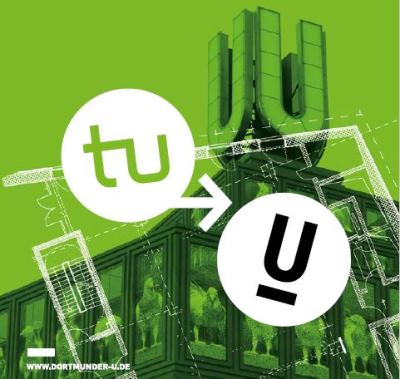 Design of the TU Dortmund University and the Dortmunder U logos on a green backdrop showing the Dormtunder U tower
