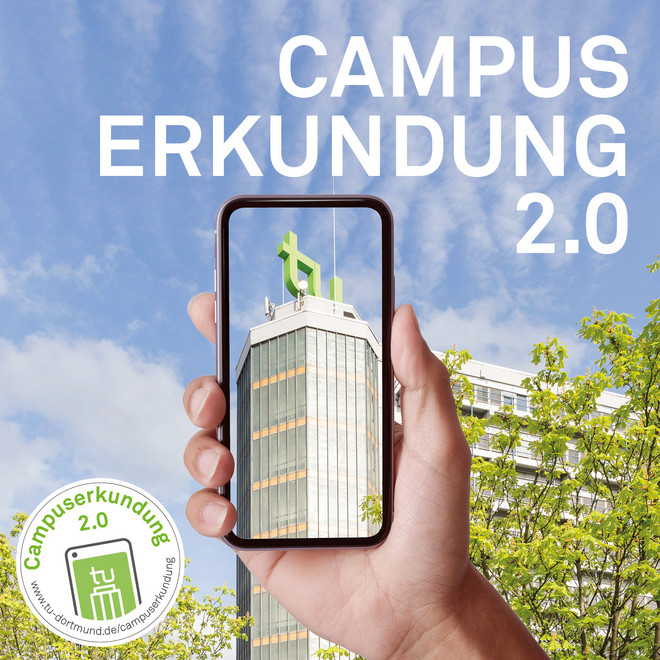 Grafik zur Campuserkundung 2.0 auf dem ein Handy und der TU Dortmund Tower abgebildet sind.