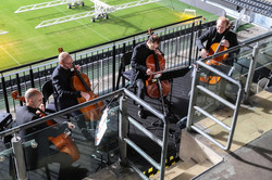 Ein Streichquartett auf der Stadiontribüne des BVB-Stadions.