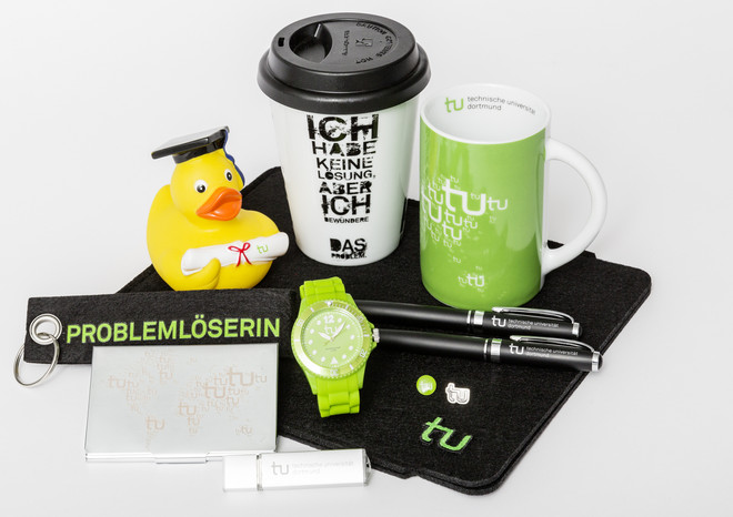 Various merchandising products of TU Dortmund