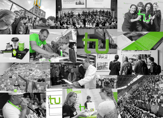 Collage Hochschulmarketing Collage mit Aktivitäten des Hochschulmarketings wie Veranstaltungen, Shopartikel