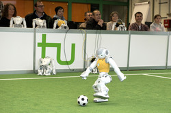 Roboterfußball - Nao Devils in Aktion auf dem Spielfeld 