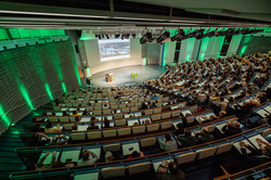 The green-lit Audimax from above.