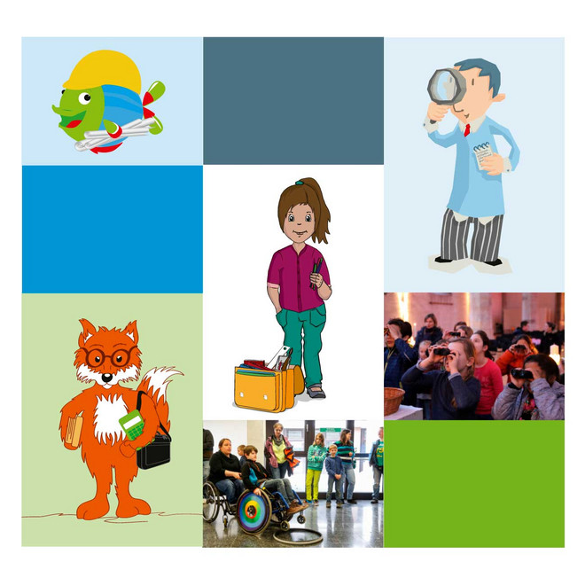 Mascot of the KinderUni, collage of a man, a fish, a girl and a fox